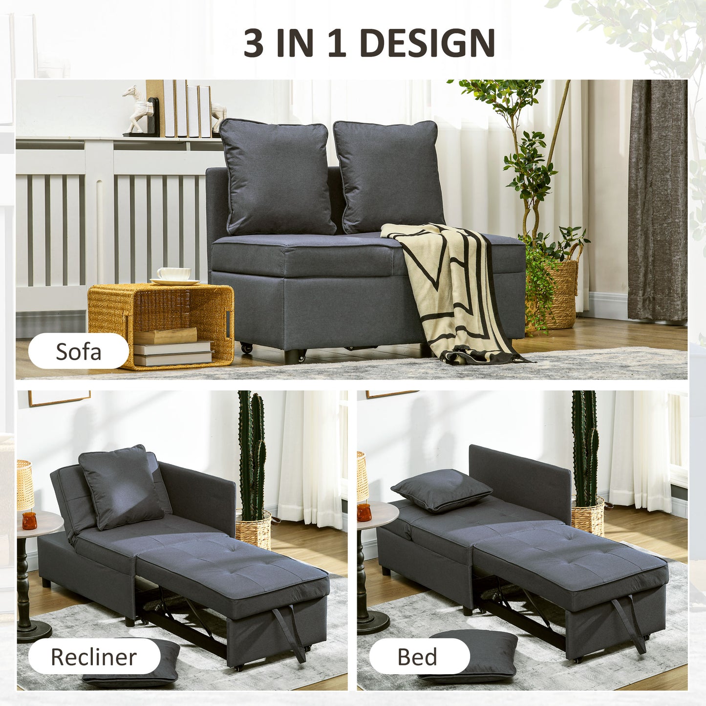 Convertible Single Sofa Bed, 3-in-1 Multi-Functional Sleeper Chair Bed with Magazine Pocket, Grey