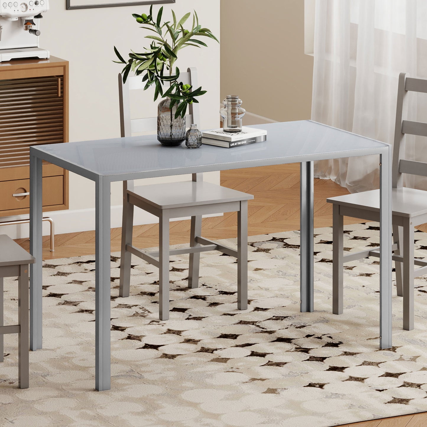 120cm Dining Table, Rectangle 4 Seater Kitchen Table with Tempered Glass Top and Metal Legs, Grey