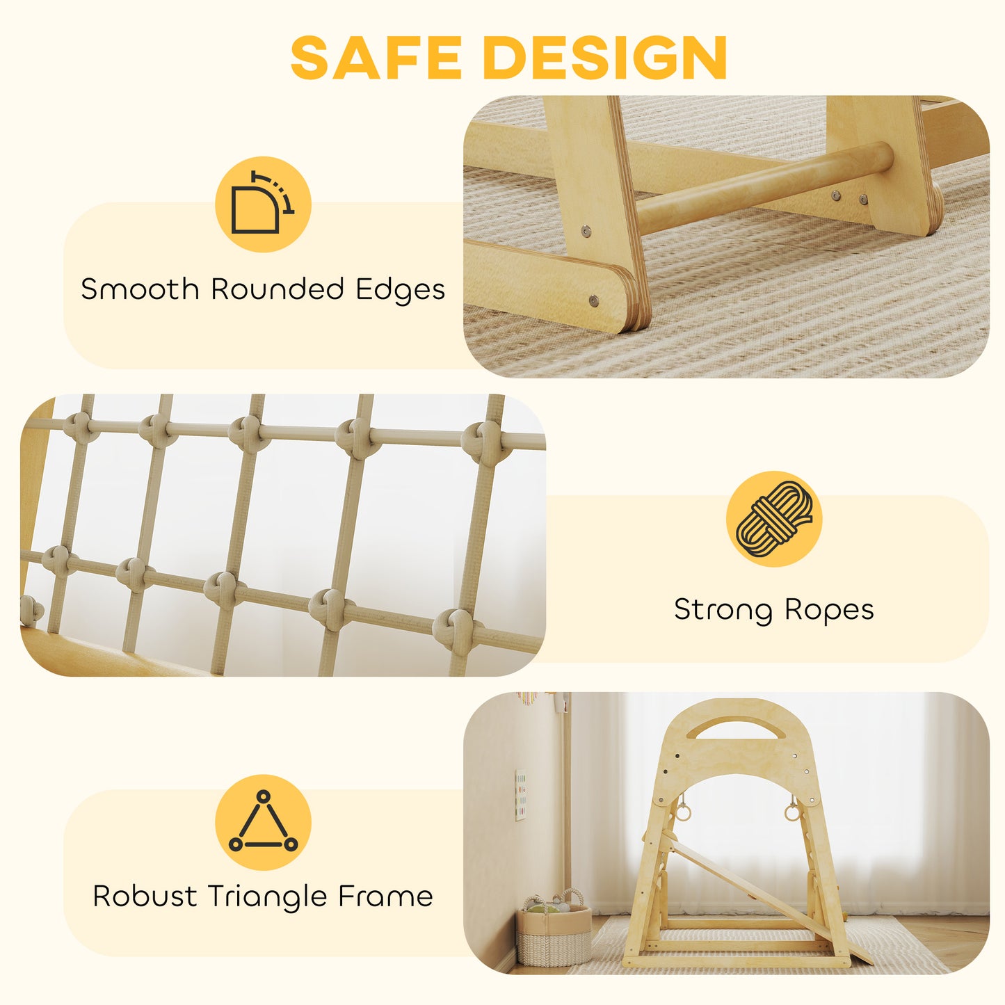 6 in 1 Kids Climbing Frame with Slide, Monkey Bars, Gymnastics Rings, Ladder, Climbing Net, for 3-6 Years, Natural Tone
