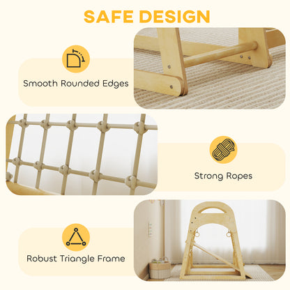 6 in 1 Kids Climbing Frame with Slide, Monkey Bars, Gymnastics Rings, Ladder, Climbing Net, for 3-6 Years, Natural Tone
