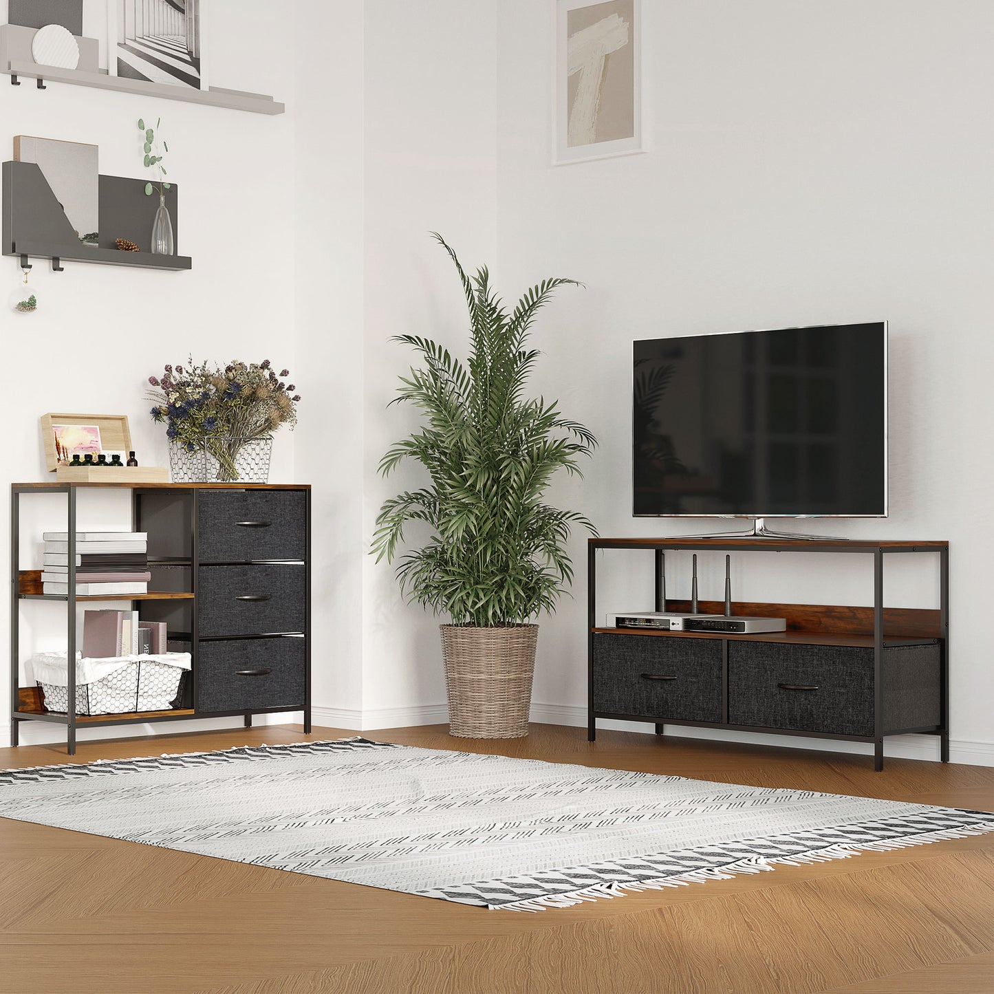 Chest of Drawers Storage Dresser Cabinet Organizer with 3 Fabric Drawers and 2 Display Shelves for Living Room, Bedroom