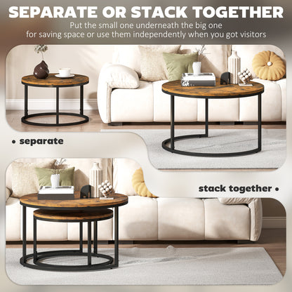 Set of Two Wood-Effect Stacking Tables - Rustic Brown