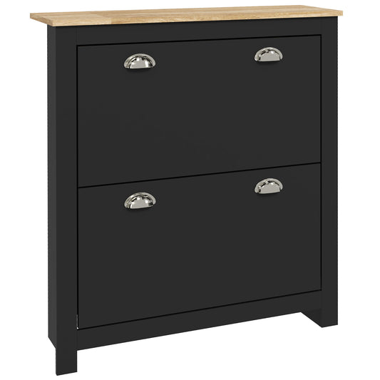 2 Drawer Shoe Cabinet Modern Narrow Shoe Cupboard Hallway Wooden Storage Organiser with Flip Doors Adjustable Shelf for 6-12