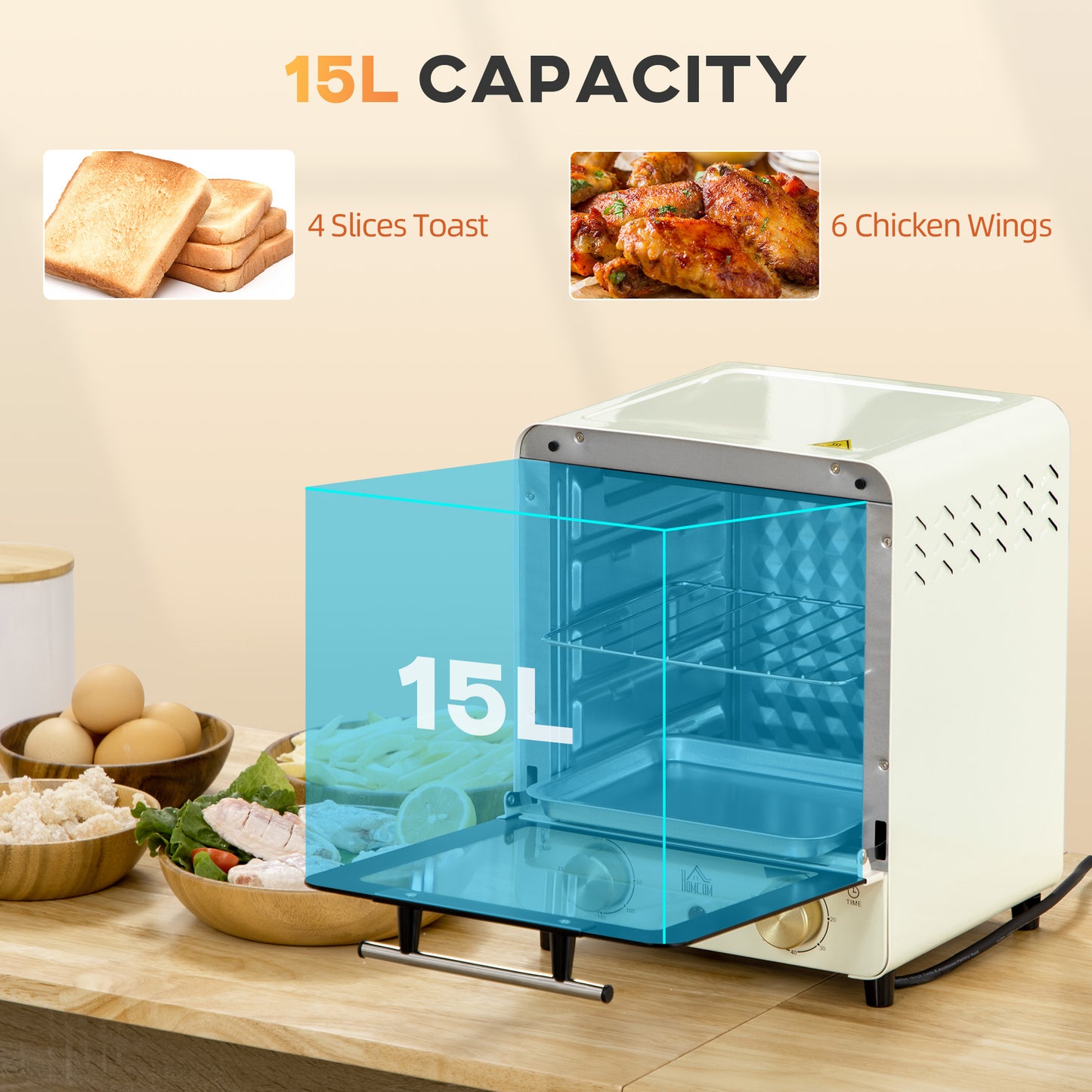 Mini Oven, 15 Litres Electric Oven and Grill with 60-230℃ Adjustable Temperature, 60 Minute Timer, Include Baking Tray