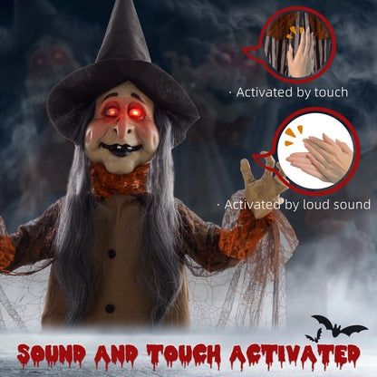 183 cm Life Size Halloween Animated Standing Fat-Faced Witch with Red Light Up Eyes, Sound Activated Moving Arms & Head