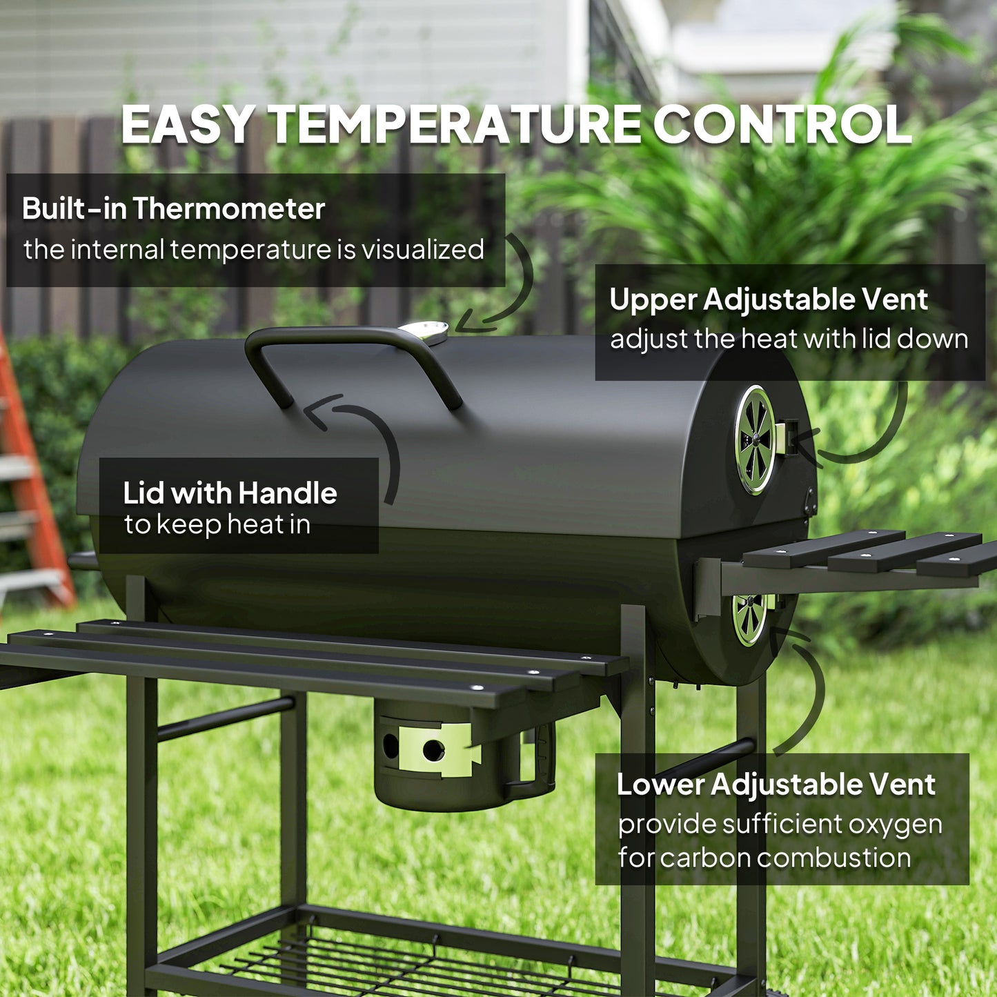 Charcoal BBQ Grill with Foldable Front Side Shelf, Portable Barbecue Smoker with Warming Rack, Bottom Shelf, Lid