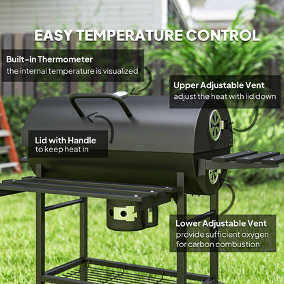 Charcoal BBQ Grill with Foldable Front Side Shelf, Portable Barbecue Smoker with Warming Rack, Bottom Shelf, Lid