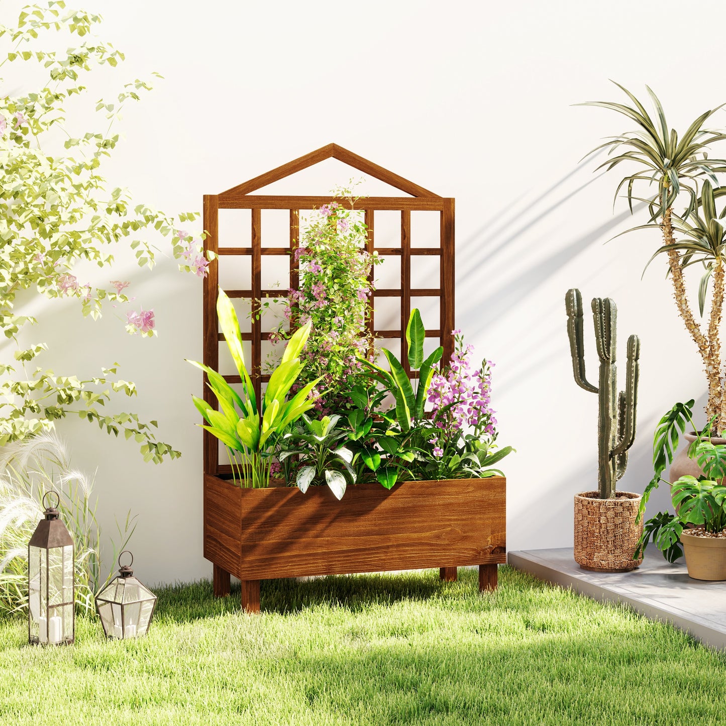 Garden Planters with Trellis for Vine Climbing, Distressed Wooden Raised Beds, 90x43x150cm, Brown