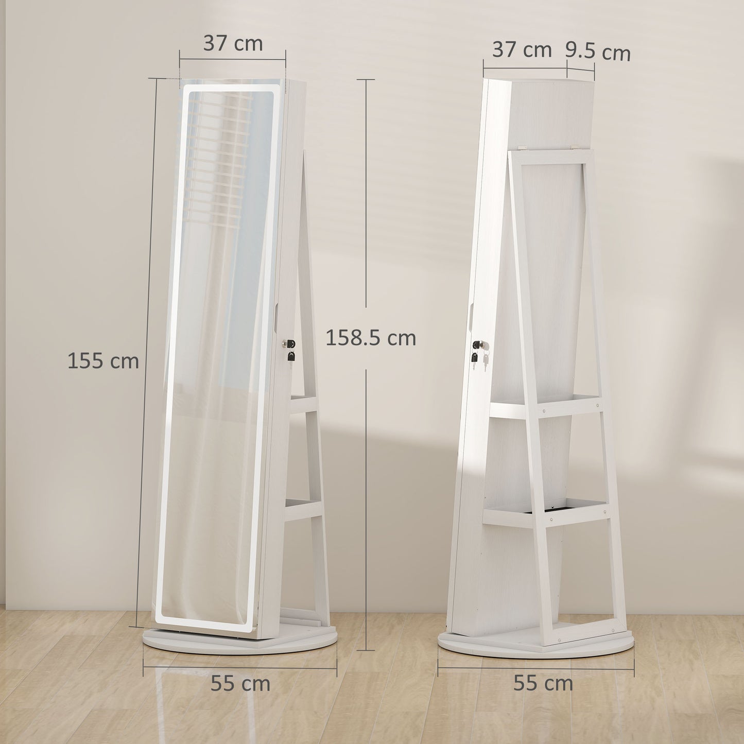 Storage Jewellery Cabinet, with Mirror and Lights - White