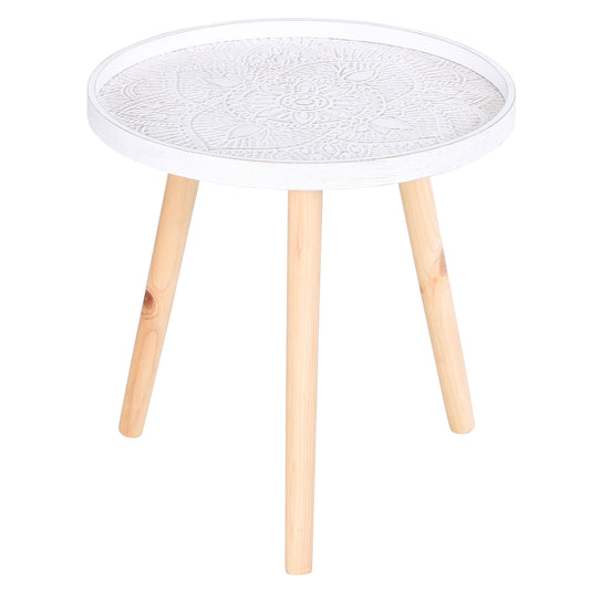 Coffee Table, Carved Floral Round Table with Tray-style Top and Wood Legs, Modern Side Table for Living Room, White