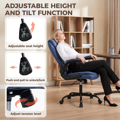 Linen-Look Computer Desk Chair, Executive Office Chair with Flip-Up Armrests and Thick Cushion, Blue
