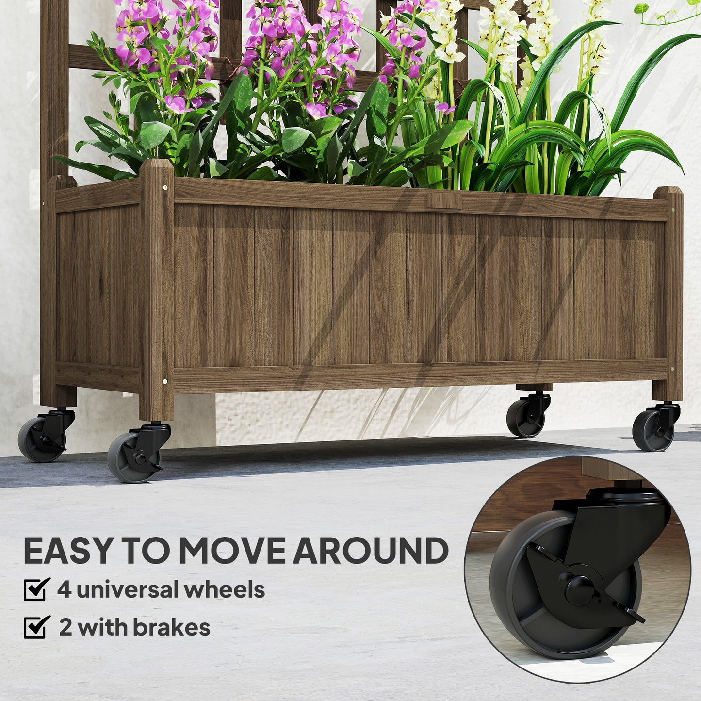 Wooden Trellis Planter, Raised Garden Bed with Wheels, to Climb and Grow Vegetables, Herbs and Flowers, Brown