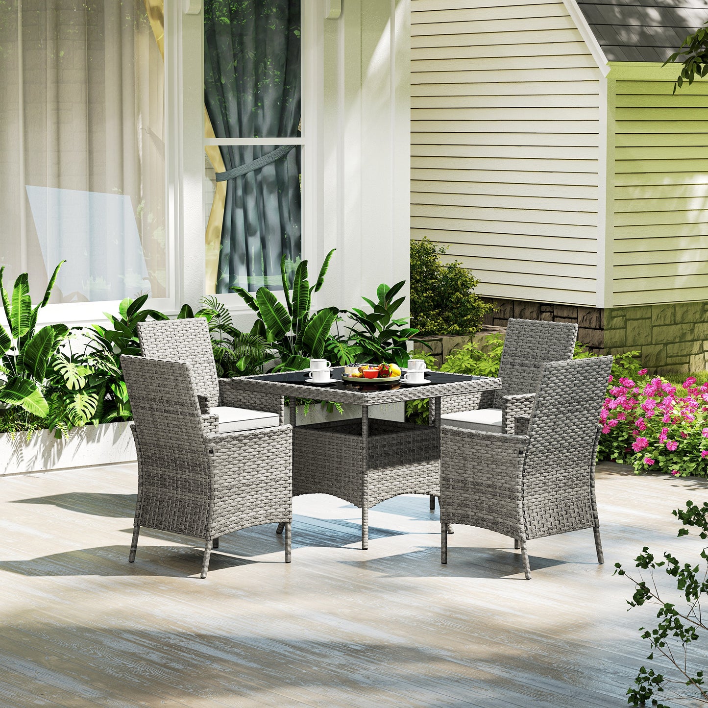 Rattan Garden Furniture Set, Outdoor Dining Table and Chairs 4 Seater with Cushions, Square Tempered Glass Top, 4 Armchairs