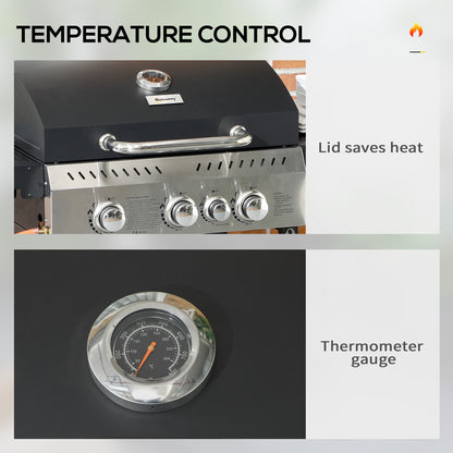 Four-Burner Steel Gas Grill, with Thermometer - Black