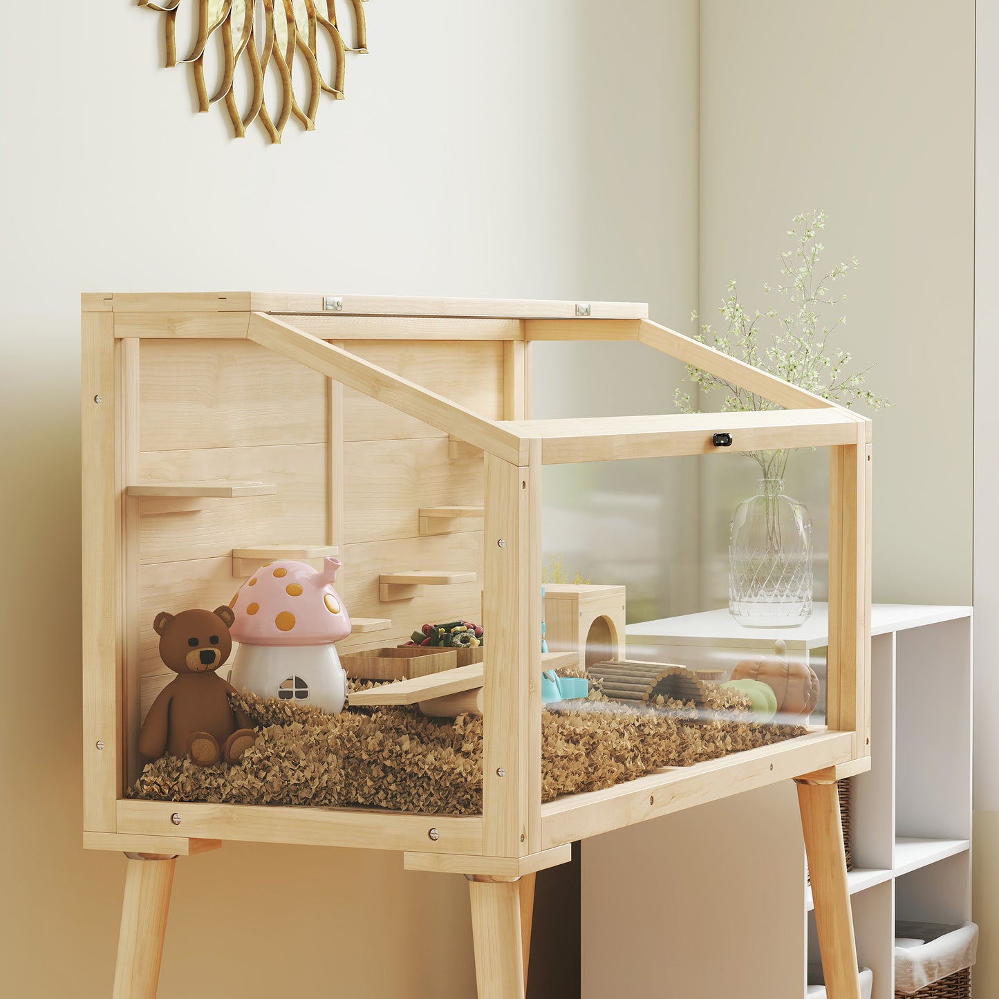 Wooden Hamster Cage, Hamster Habitat with Openable Top, Seesaws, Platforms, Water Bottle for Gerbils, 110 x 52 x 101 cm