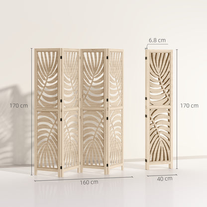 4 Panel Privacy Screens, Detachable Folding Room Divider with Palm Leaf Design for Home Office, Natural Wood Finish