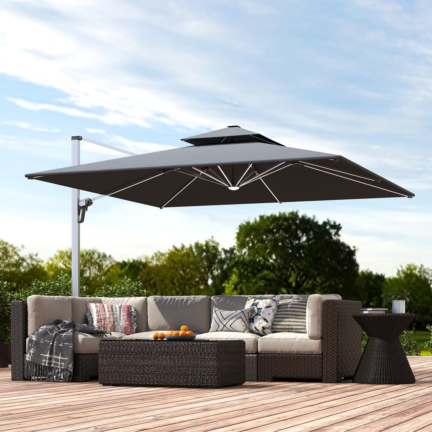 3(m) Garden Cantilever Parasol with Solar LED Lights, Cross Base, 360° Rotation, Crank Handle and Tilt, Grey