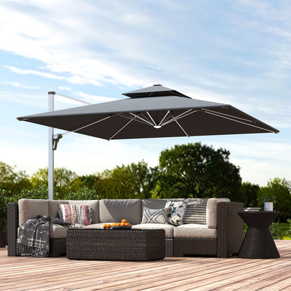 3(m) Garden Cantilever Parasol with Solar LED Lights, Cross Base, 360° Rotation, Crank Handle and Tilt, Grey