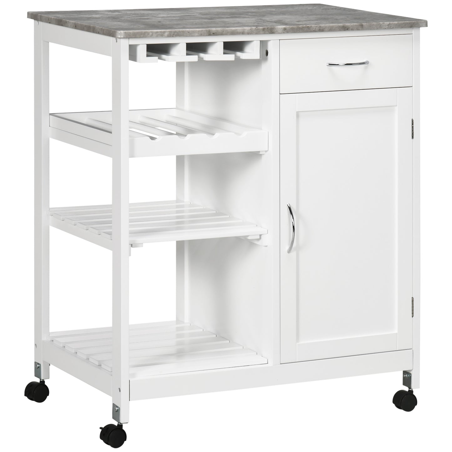 Kitchen Trolley with Wine Rack, Drawer, Open Shelf and Storage Cabinet for Dining Room, White