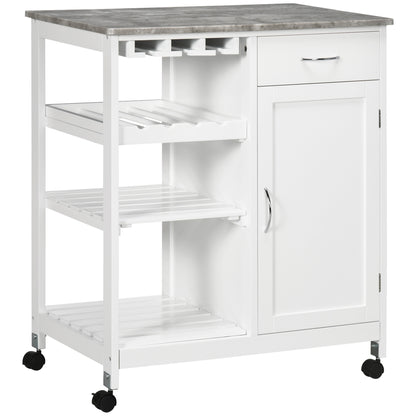 Kitchen Trolley with Wine Rack, Drawer, Open Shelf and Storage Cabinet for Dining Room, White