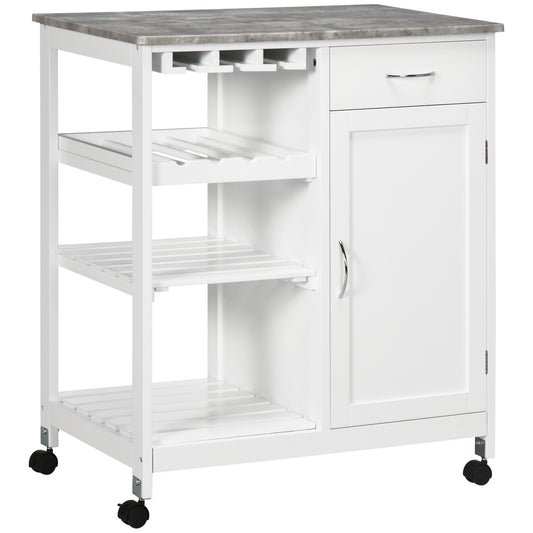 Kitchen Trolley with Wine Rack, Drawer, Open Shelf and Storage Cabinet for Dining Room, White