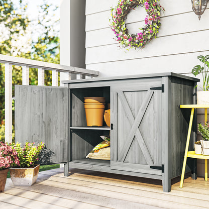 Wooden Garden Shed, Outdoor Fir Wood Storage Shed with Shelf and Double Doors, Light Grey