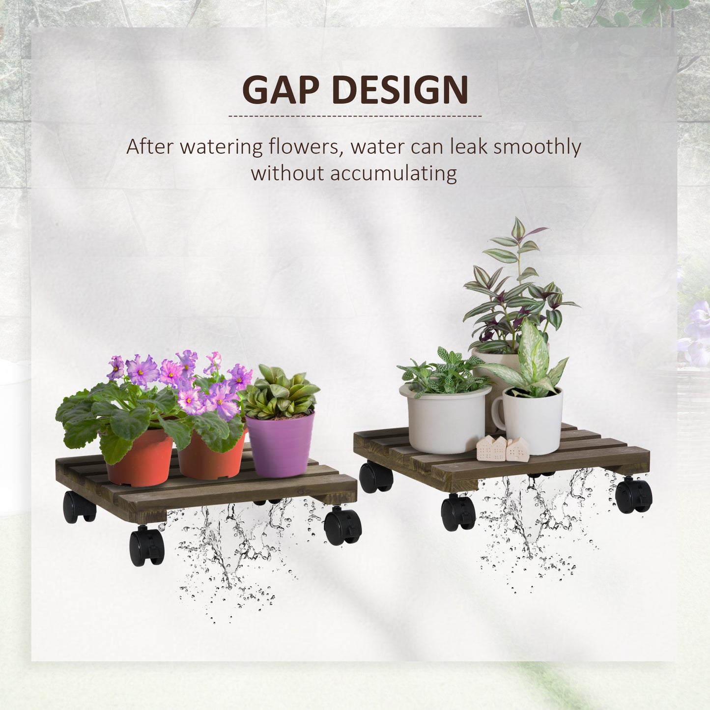 2 Pack Plant Caddy with Wheels, 30 cm Square Wooden Plant Pot Trolley, Pot Caddy for Outdoor Patios, Decks and Indoors