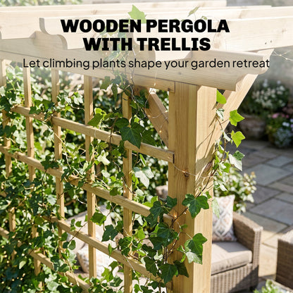 3 x 3 m Wooden Pergola Kit, Garden Pergola Gazebo Arch with Trellis for Climbing Vines, Flowers, Nature Wood Finish