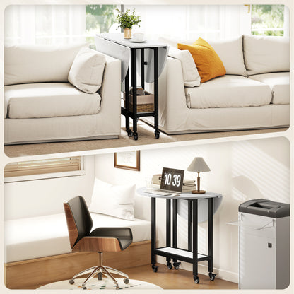 Folding Dining Table, Drop Leaf Table with Open Shelf, Rolling Kitchen Table for Dining Room, Small Spaces, White Marble