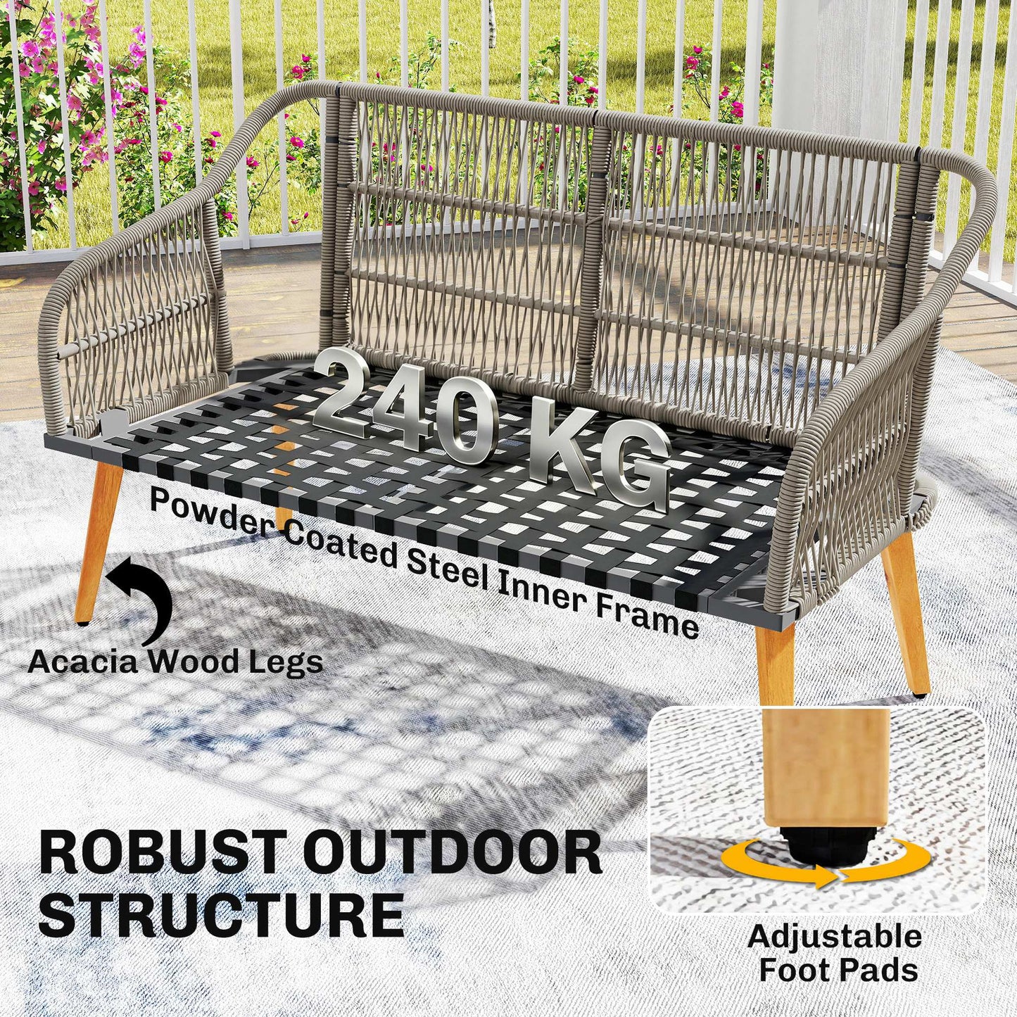 4 Piece Rattan Garden Furniture Set with Loveseat, Armchairs, Wood Table, Wicker Patio Conversation Set, Cream White