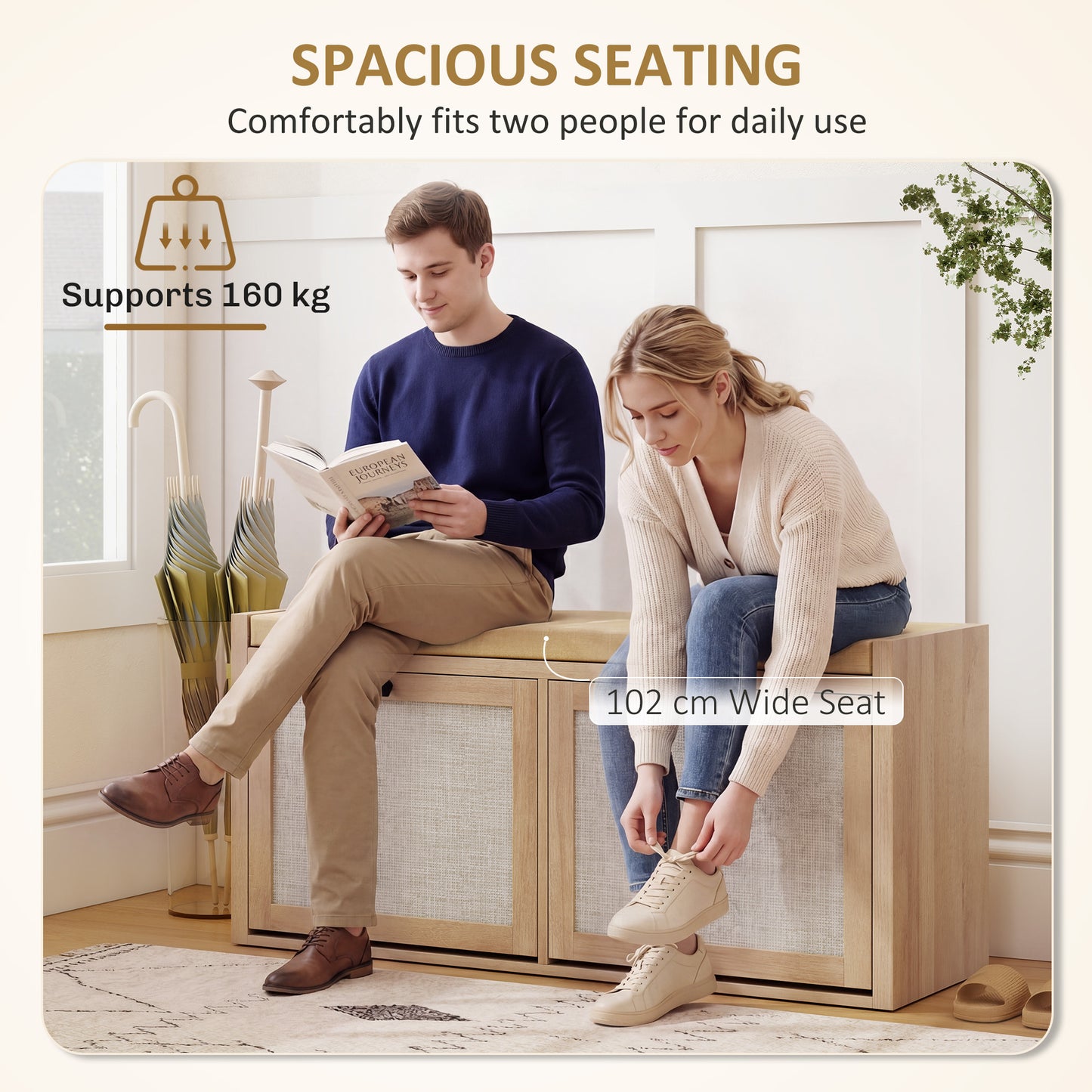 Rattan Shoe Bench with Padded Cushion and 2 Cabinets for Hidden Storage, Oak Wood Effect