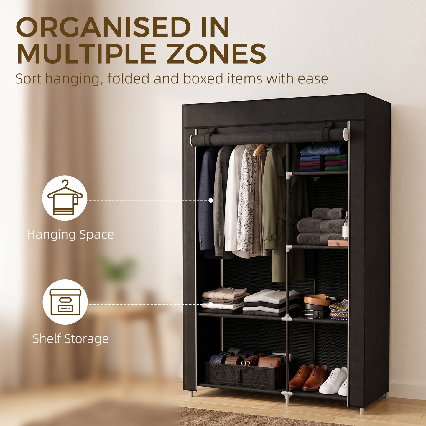 Fabric Wardrobe w/ Shelves Hanging Rail Foldable Wardrobe Black