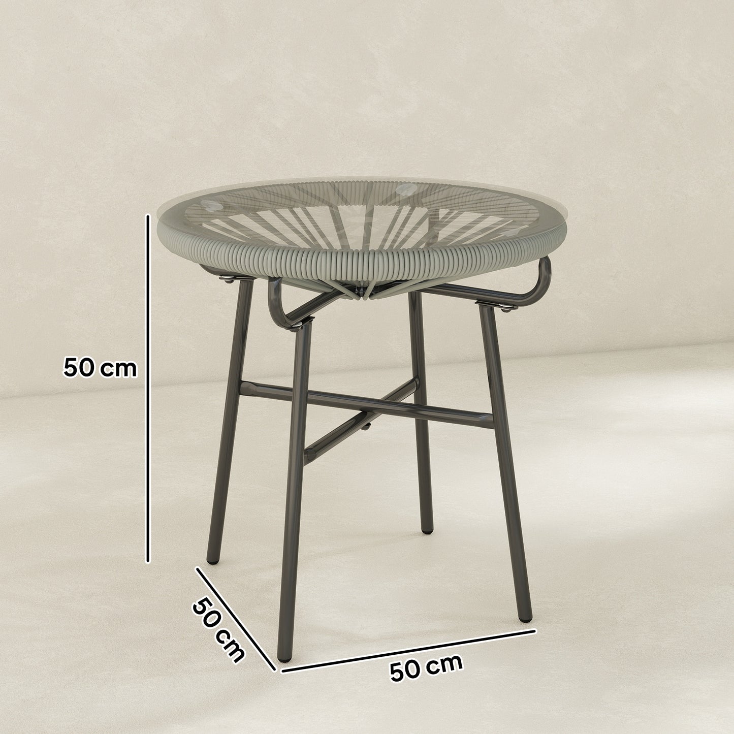 Rattan Side Table, Round Outdoor Coffee Table, with Round PE Rattan and Tempered Glass Tabletop, Light Grey