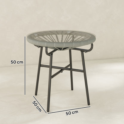 Rattan Side Table, Round Outdoor Coffee Table, with Round PE Rattan and Tempered Glass Tabletop, Light Grey