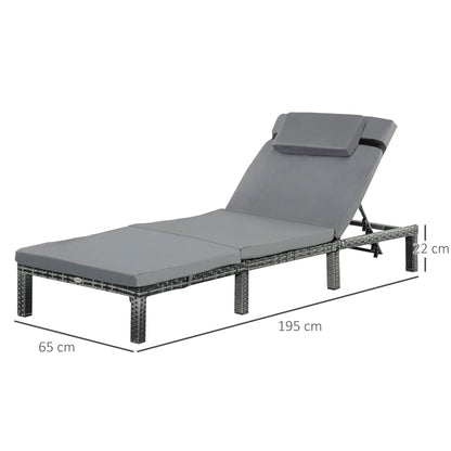 Rattan Sun Lounger, 5-Level Adjustable Garden Lounger Recliner with Cushion and Headrest, Outdoor Reclining Sunbed