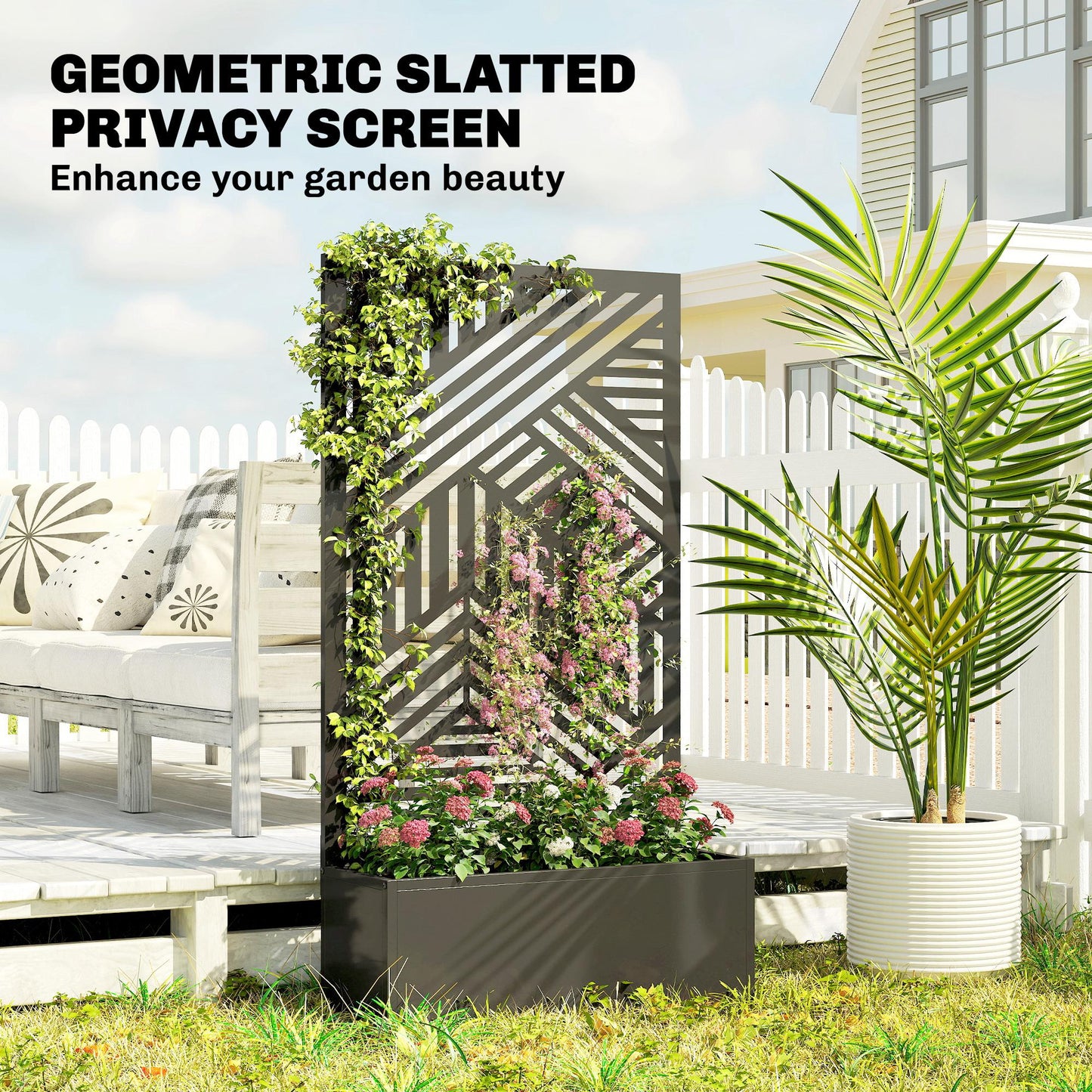 Metal Garden Bed for Garden with Trellis, Raised Garden Bed with Privacy Screen, Geometric Slatted Cut-Out