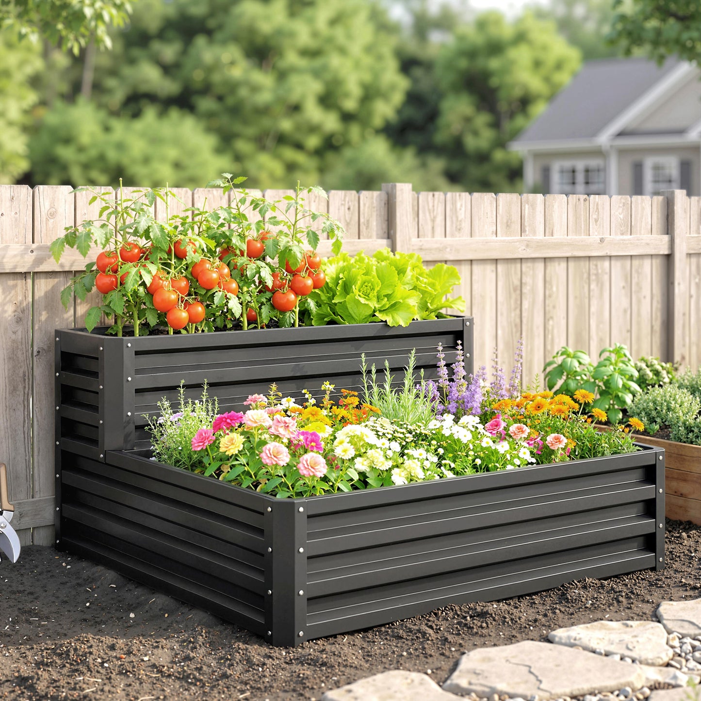 2 Tier Raised Garden Bed, Galvanised Planter Box with Open Bottom for Vegetables Flowers Herbs, 120x101x58cm, Dark Grey