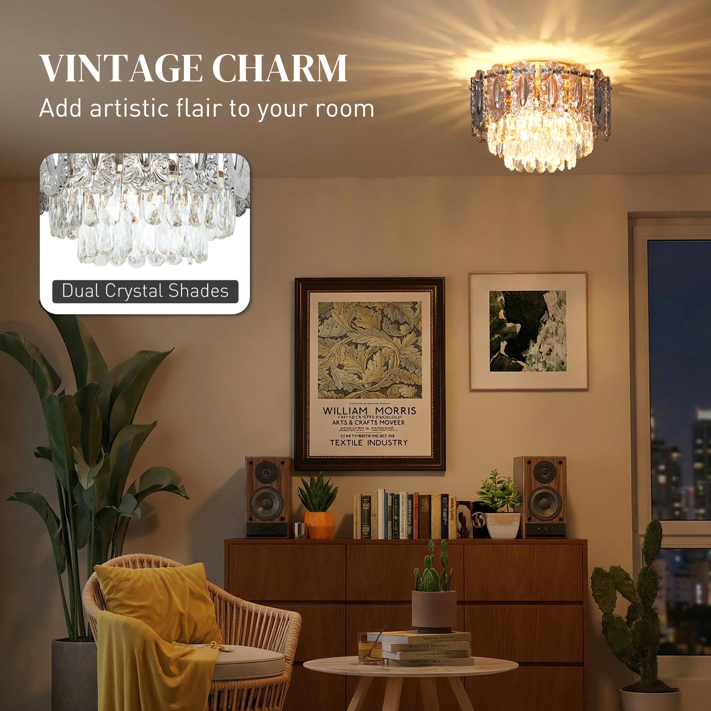 Chandelier Ceiling Light, 3-Light Flush Mount Fixture with Dual Crystal and Smoke Glass Shade