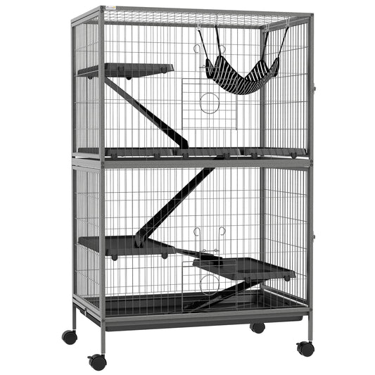 Small Animal Cage for Chinchilla Ferret Kitten on Wheels with Hammock Removable Tray, Grey