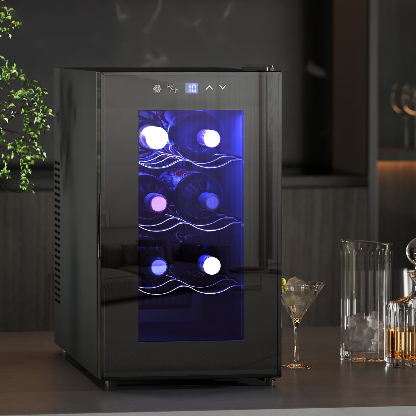Mini Table Top Wine Fridge, 8 Bottle, 17L, 8-18℃, 26.5cm Quiet Under Counter Wine Cooler Fridge with Glass Door, LED Light