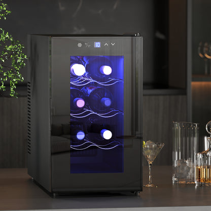 Mini Table Top Wine Fridge, 8 Bottle, 17L, 8-18℃, 26.5cm Quiet Under Counter Wine Cooler Fridge with Glass Door, LED Light
