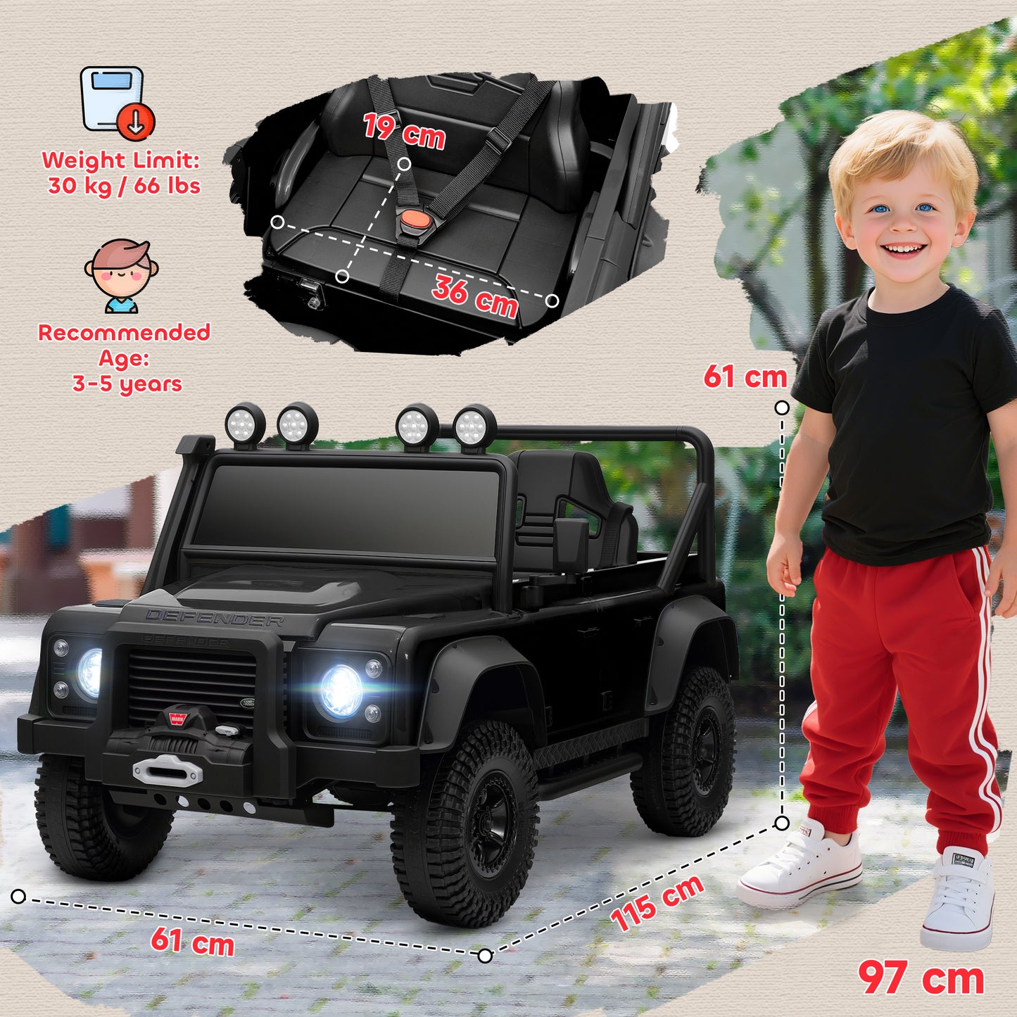 Kids Ride On Car with Remote Control, Music, Horn, 4 Spring Suspension Wheels, LED Lights for 3-5 Years Old, Black