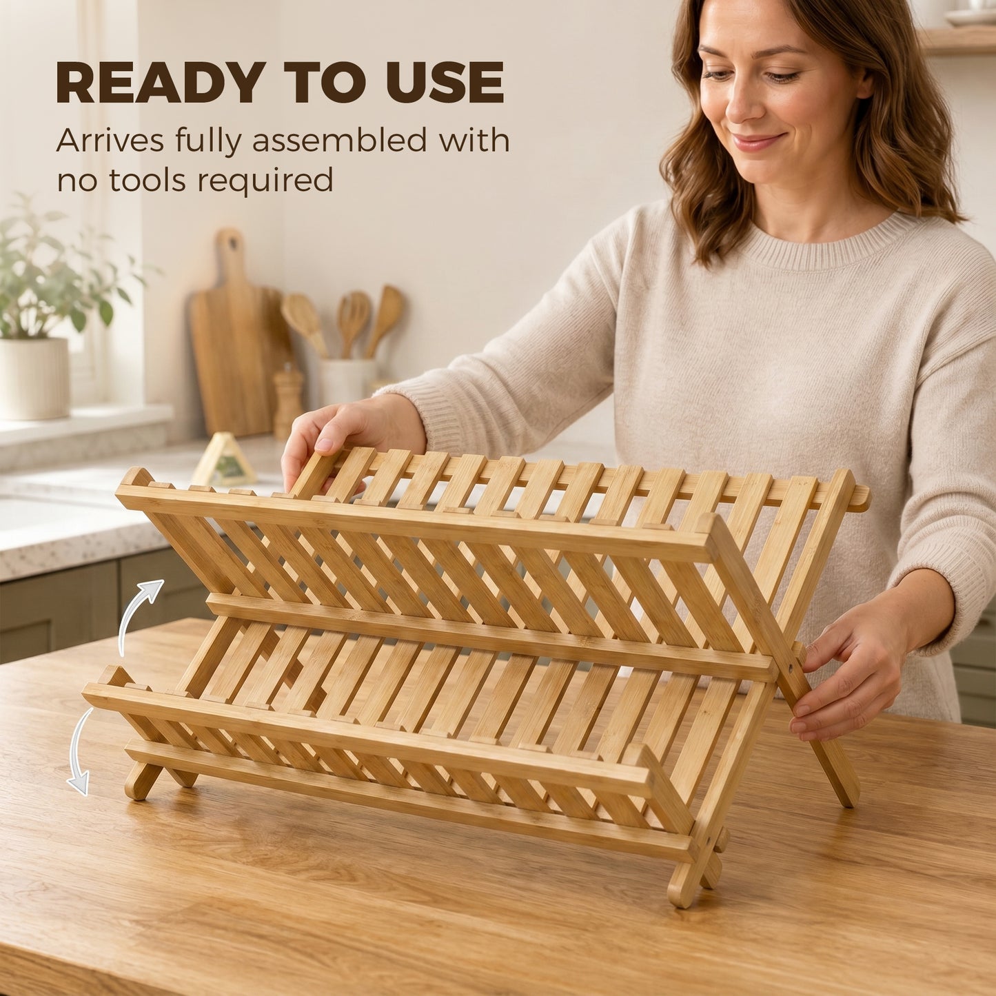 Kitchen Storage Unit, 2-Tier Foldable Kitchen Storage Rack with Slatted Draining Shelves, Natural Wood Finish
