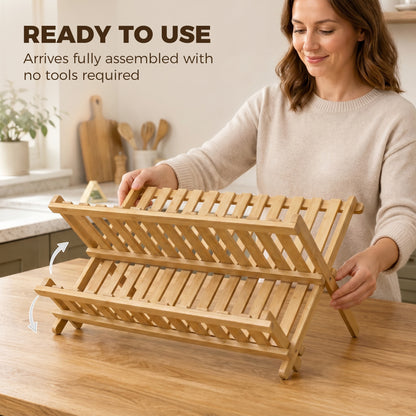 Kitchen Storage Unit, 2-Tier Foldable Kitchen Storage Rack with Slatted Draining Shelves, Natural Wood Finish