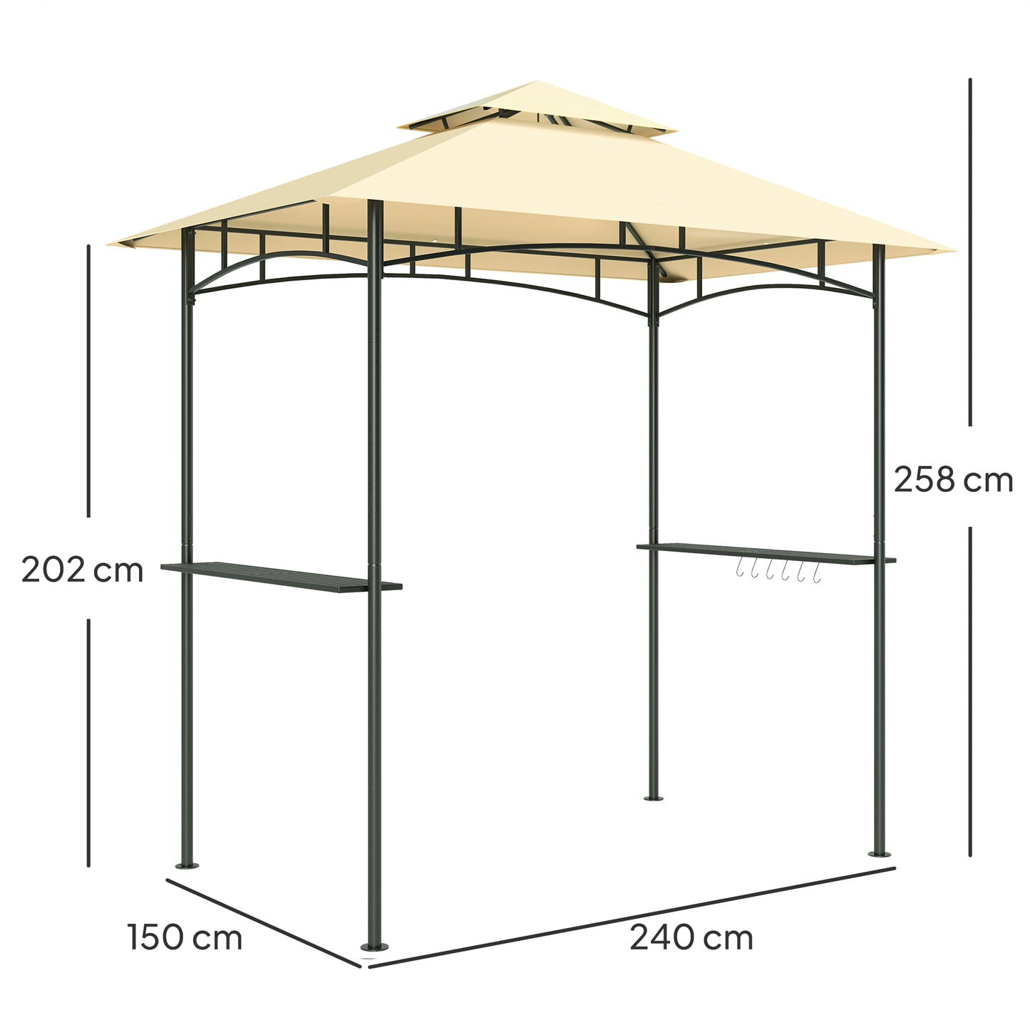 8' x 5' Grill Gazebo, Double Tiered BBQ Gazebo Shelter Canopy with LED Lights, 2 Side Shelves, Hooks, Beige