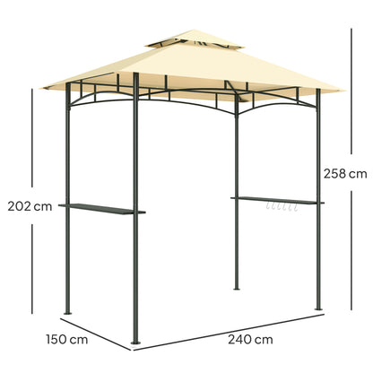 8' x 5' Grill Gazebo, Double Tiered BBQ Gazebo Shelter Canopy with LED Lights, 2 Side Shelves, Hooks, Beige