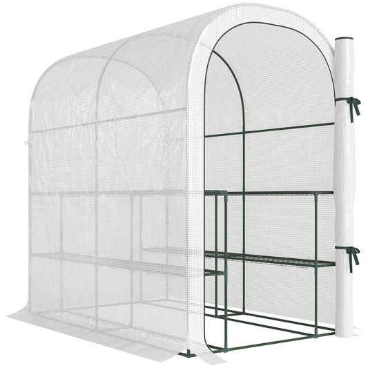 Walk-in Greenhouse with Shelves, Small Greenhouse with PE Cover and Roll-up Door, 123 x 187 x 189 cm, White