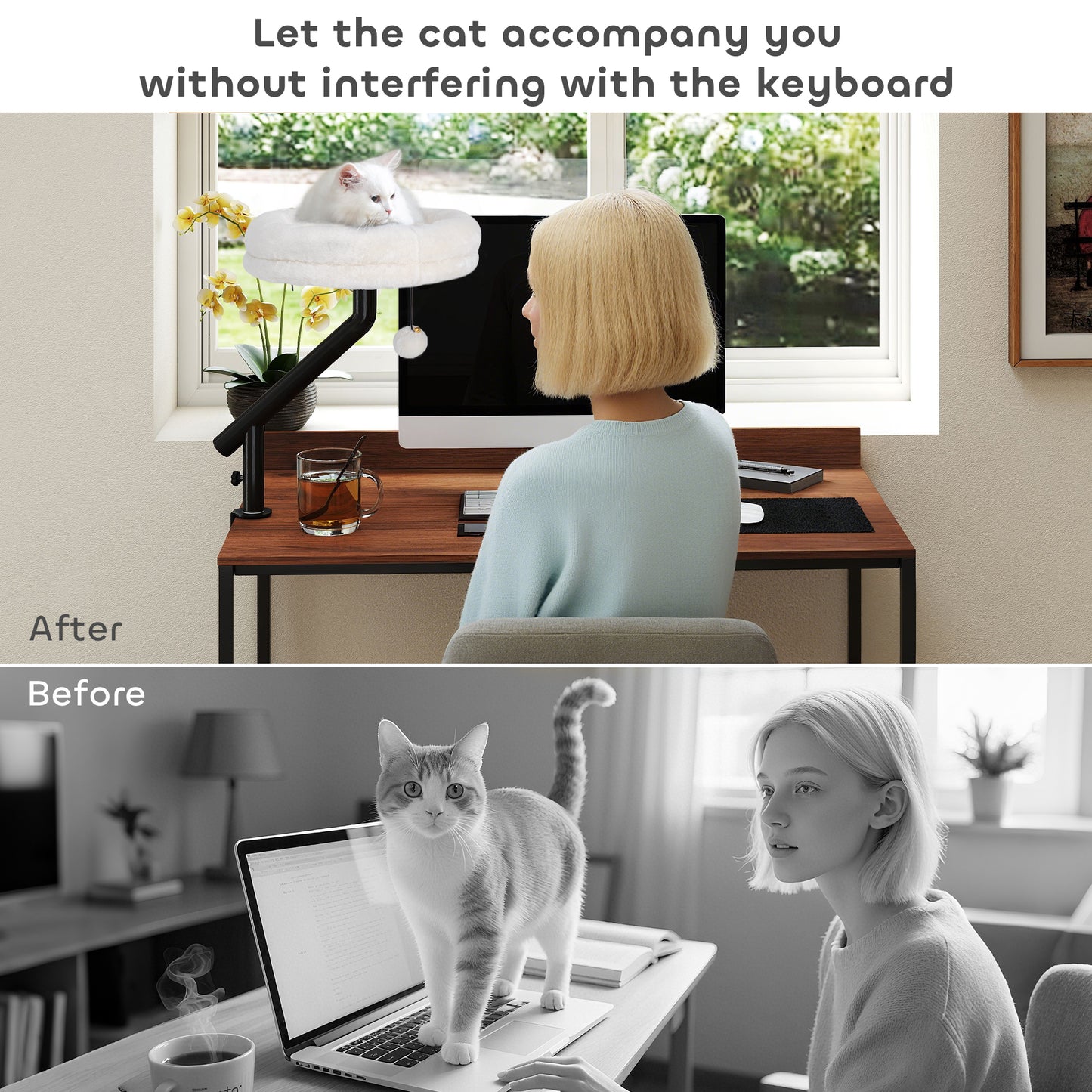 Cat Desk Bed, Cat Hammock 360° Rotatable Adjustable for Window, Table, Work, Cream White