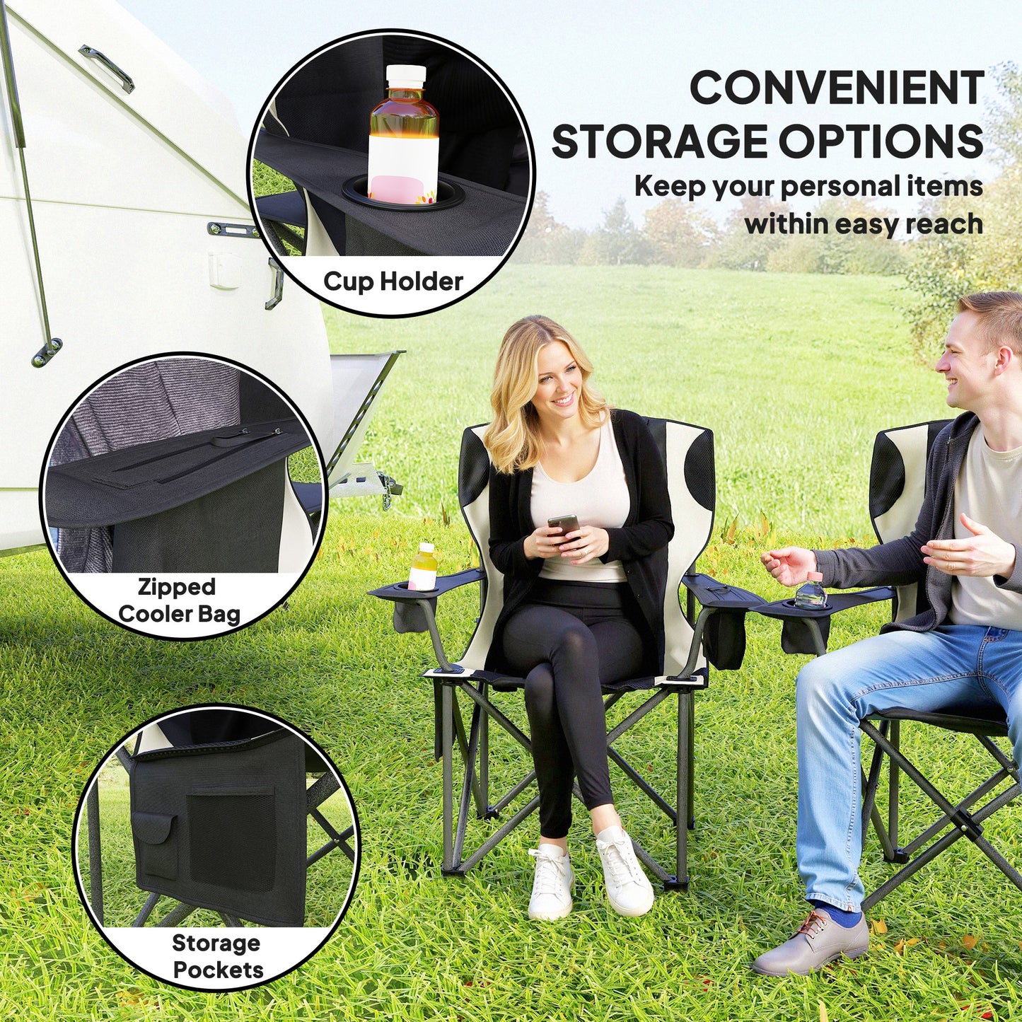 Set of 2 Folding Camping Chairs, Padded Camping Chairs with Adjustable Armrests
