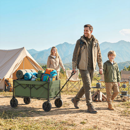 95L Foldable Festival Trolley on Wheels, Collapsible Wagon Cart with Adjustable Handle and 2 Cup Holders, Dark Green